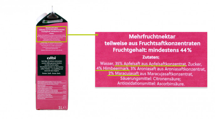 Bezeichnung und Zutaten, albi Himbeer Maracuja Apfel