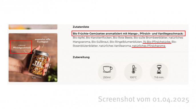 Bezeichnung und Zutaten, Besser im Glas Tee Heißer Pfirsich, Besserimglas.de, 01.04.2025 