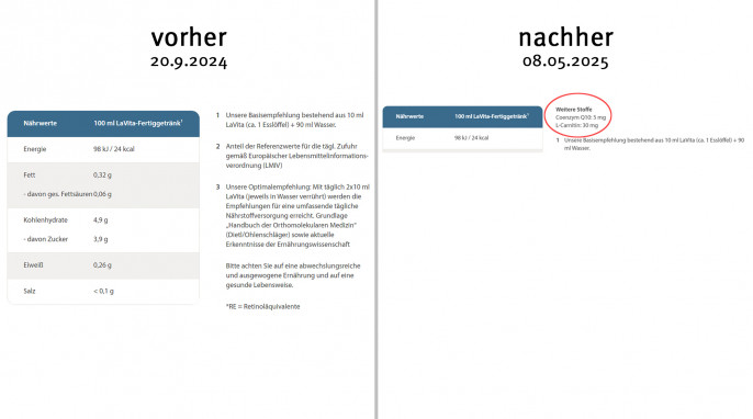 alt: Nährwertangaben, Lavita.com, 20.09.2024; neu 08.05.2025