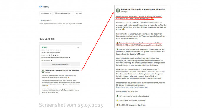 Anzeigen Naturtreu Venen Schatz, Facebook.com, 18.07.2025