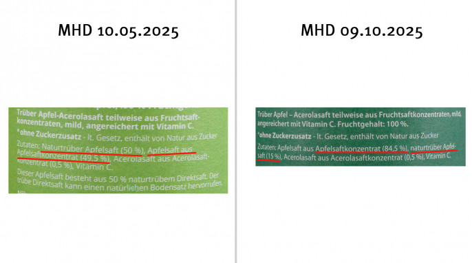 Bezeichnung und Zutaten, Valensina Milder Apfel, Mindesthaltbarkeit 10.08.2025 + 09.10.2025 