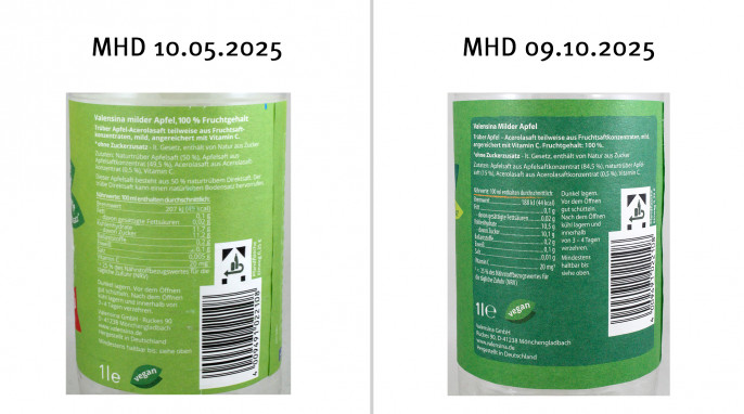 Rückseiten, Valensina Milder Apfel Mindesthaltbarkeit 10.08.2025 + 09.10.2025 