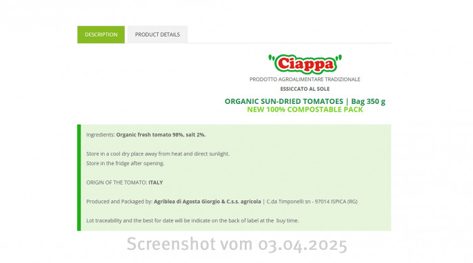 Angebot, Ciappa Organic Sun-Dried Tomatoes, Pomodorisecchi.com, 03.04.2025