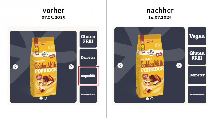 alt: Bauck Hot Hafer Golden Milk Porridge, Bauck.de, 07.05.2025; neu: 14.07.2025