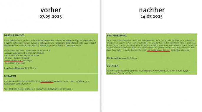 alt: Beschreibung + Zutaten, Bauck Hot Hafer Golden Milk, Bauck.de, 07.05.2025; neu: 17.07.2025