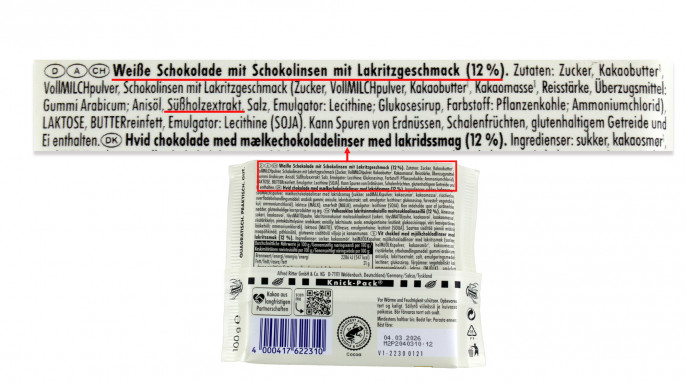 Bezeichnung und Zutaten, Ritter Sport Weisse Lakritz