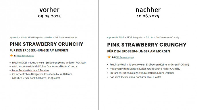 Alt: Werbung, Pink Strawberry Crunchy, mymuesli.com, 09.05.2025; neu: 10.06.2025