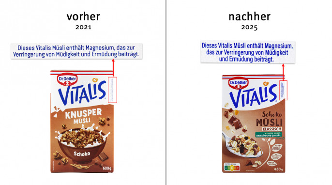 alt: Dr. Oetker Vitalis Knuspermüsli Schoko, 2021; neu: Schoko Müsli, 2025