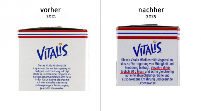 alt: Werbung, Dr. Oetker Vitalis Knuspermüsli Schoko, 2021; neu: Schoko Müsli, 2025