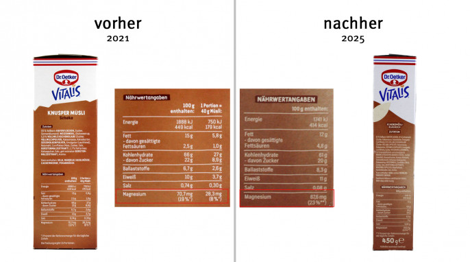 Zutaten + Nährwerte, alt: Dr. Oetker Vitalis Knuspermüsli Schoko, 2021; neu: Schoko Müsli, 2025 