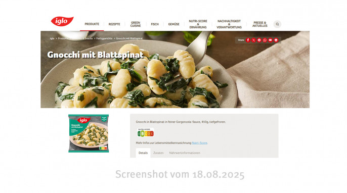 Iglo.de/Sortiment/Gerichte/Pfannengericht/Gnocchi mit Blattspinat, 18.08.2025