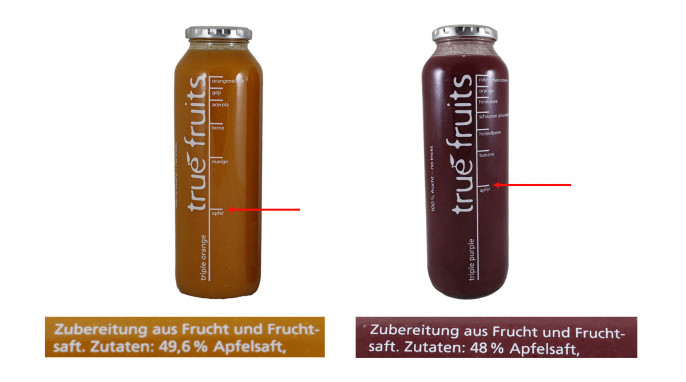 Vergleich Zutaten und Darstellung, True fruits triple orange, Truefruits triple purple