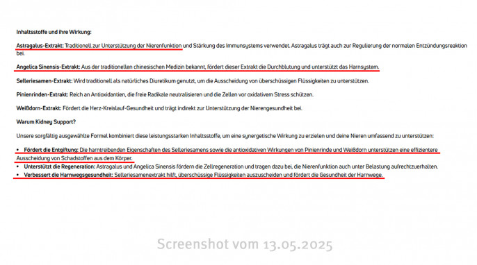 Beschreibung, Kidney Support, Neosupps.com, 13.05.2025