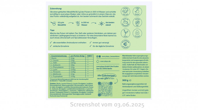Nährwerte, Zubereitungshinweis, Smart Protein Drink, Everydays.de, 03.06.2025