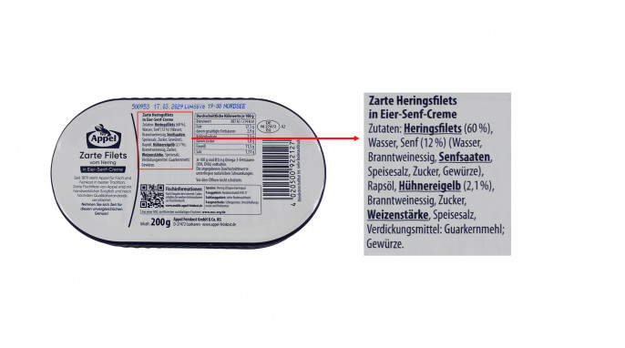 Bezeichnung und Zutaten, Appel Zarte Filets vom Hering in Eier-Senf-Creme