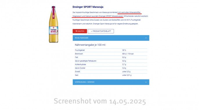 Werbung Mineralstoffe, Ensinger Sport Maracuja, Ensinger.de, 14.05.2025