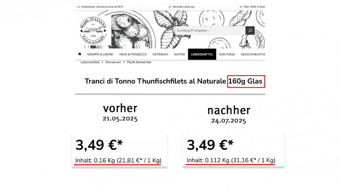 alt: Thunfischfilets al Naturale, Culinaria-Shop.de, 21.05.2025; neu: 24.07.2025  