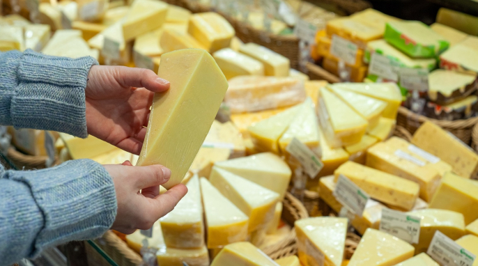 Hand mit einem Stück Käse