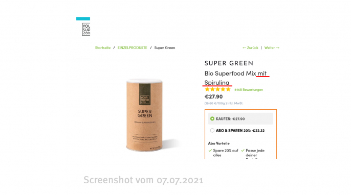 Super Green, Bio Superfood Mix mit Spirulina, Yoursuperfoods.de, 07.07.2021 