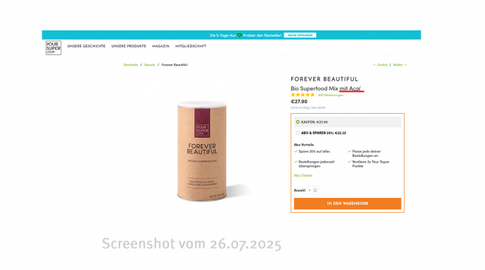 Forever Beautiful, Bio Superfood Mix mit Acai, Yoursuperfoods.de, 26.07.2021 [
