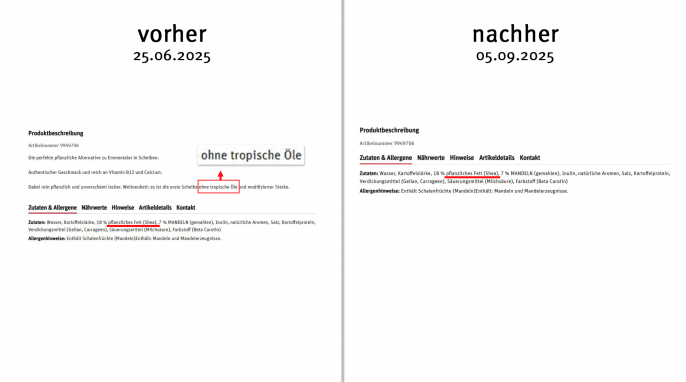 alt: Beschreibung, Mondarella Pflanzliche Käsealternative Emmentaler Style, Shop.rewe.de, 25.06.2025 : neu: 05.09.2025 