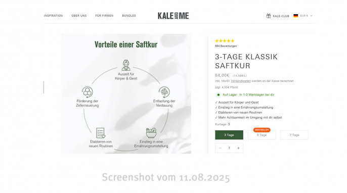 Kale & Me, 3-Tage Klassik-Saftkur, Kaleandme.de, 11.08.2025