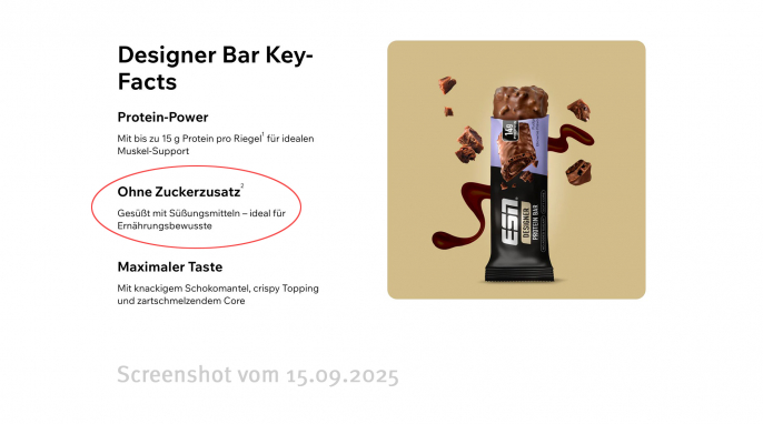 Eigenschaften, Designer Bar Proteinriegel, Esn.com, 15.09.2025