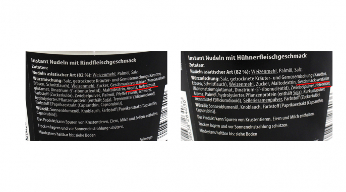 Zutaten, Meishi Instantnudeln Beef Flavour und Chicken Flavour