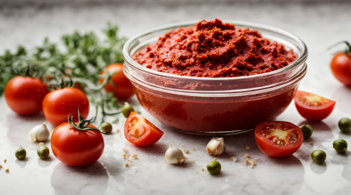 Tomatenmark umgeben von seinen Zutaten