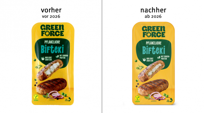 alt: Greenforce Pflanzliche Bifteki, vor 2026; neu: ab 2026, Herstellerfoto