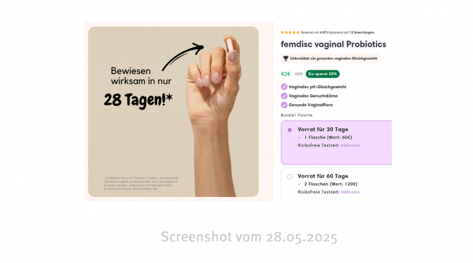 Werbung, Femdisc Vaginal Probiotics, Femdisc.de, 28.05.2025 