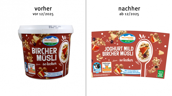 alt: Weideglück Bircher Müsli, vor 12/2025; neu: Weideglück Joghurt mild Bircher Müsli, ab 12/2025, Herstellerfoto
