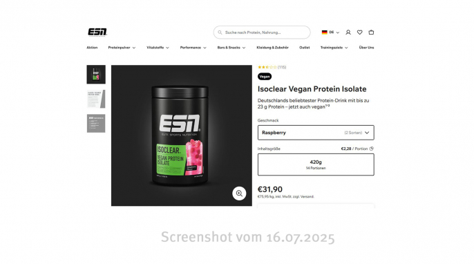 ] Isoclear Vegan Protein Isolate Rasberry Flavor, Esn.com, 16.07.2025