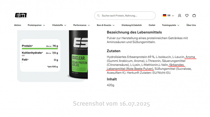 Zutaten, Isoclear Vegan Protein Isolate Rasberry Flavor, Esn.com, 16.07.2025