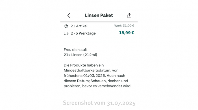Angebot, Linsen-Paket, Too Good To Go-App, 31.07.2025 