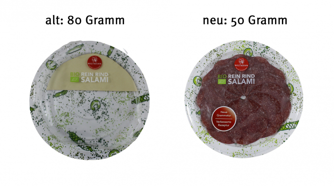 Wiltmann Bio Rein Rind Salami, leere Verpackung, 80 g und 50 g