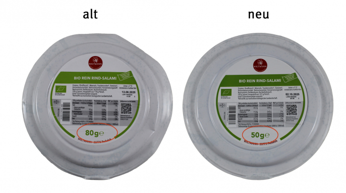 Füllmenge, Wiltmann Bio Rein Rind Salami, 80 g und 50 g