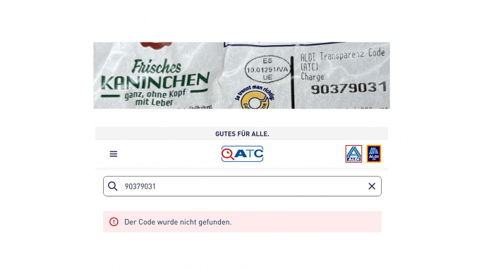 ATC, Meine Metzgerei Frisches Kaninchen, gekauft 18.08.2025; Transparenz.aldi.de, 24.10.2025 ATC, Meine Metzgerei Frisches Kaninchen, gekauft 18.08.2025; Transparenz.aldi.de, 24.10.2025