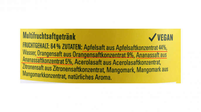 Zutaten, Hohes C leichte Orange Ananas 