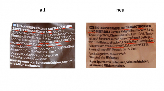alt und neu, Bezeichnung + Zutaten, Wholey (Crunchy) Granola Choc Sea Salt alt und neu, Bezeichnung + Zutaten, Wholey (Crunchy) Granola Choc Sea Salt