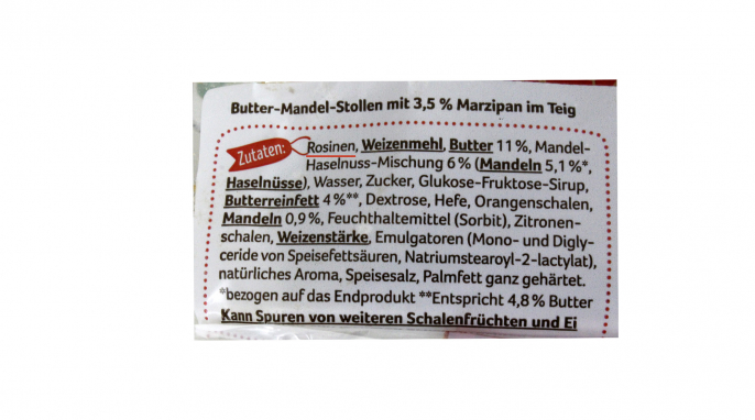 Bezeichnung und Zutatenliste, Rewe Beste Wahl Butter-Mandel-Stollen Bezeichnung und Zutatenliste, Rewe Beste Wahl Butter-Mandel-Stollen