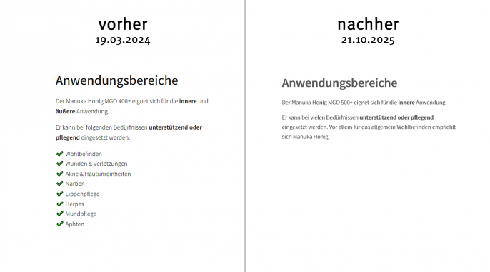 alt: Werbeaussagen, Manuka, Honig, Bedrop.de, 19.03.2024; neu: 21.10.2025