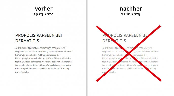 alt: Werbung, Propolis Kapseln, Bedrop.de, 19.03.2024; neu: 21.10.2025