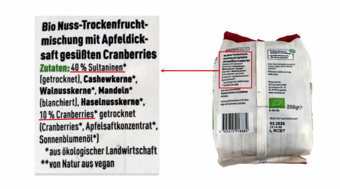 Zutaten, Rossmann EnerBio Studentenfutter mit Cranberries 