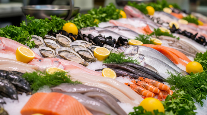 Fischtheke mit verschiedenen Fischsorten Fischtheke mit verschiedenen Fischsorten