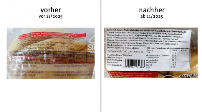 alt: Zutaten und Nährwerte, Dan Cake Potato Buns, vor 11/2025; neu: ab 11/2025 