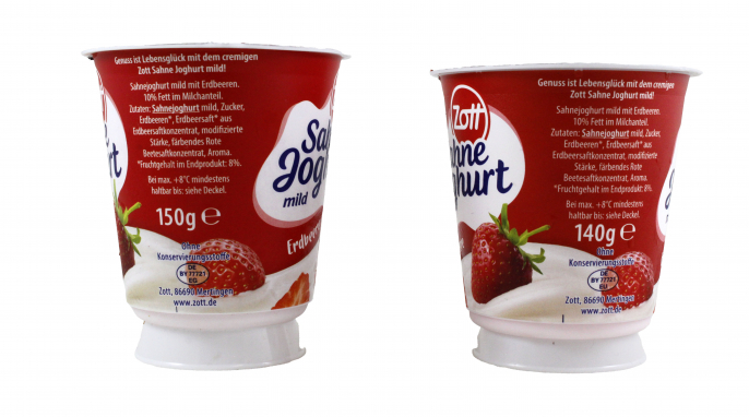 Füllmenge, Zott Sahnejoghurt Erdbeere, 150 und 140 g