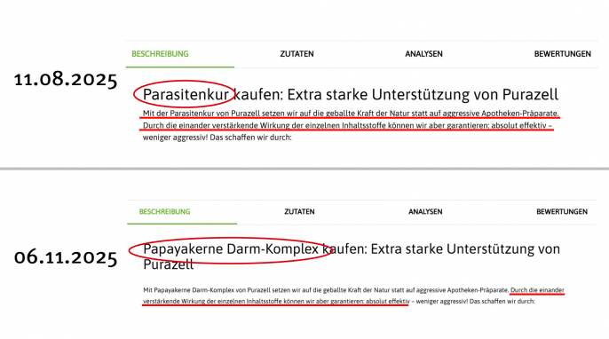 Beschreibung, Purazell.de, 11.08.2025 und 06.11.2025