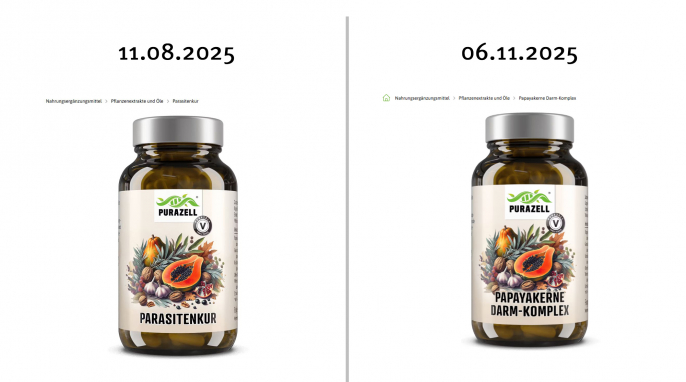 Parasitenkur, Purazell.de, 11.08.2025 und Papayakerne Darm-Komplex, 06.11.2025