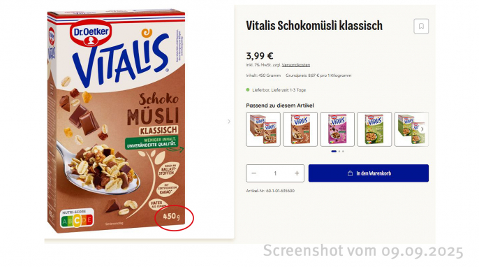 Angebot, Dr. Oetker Vitalis Schoko Müsli Klassisch, 450 g, Oetker-shop.de, 09.09.2025 